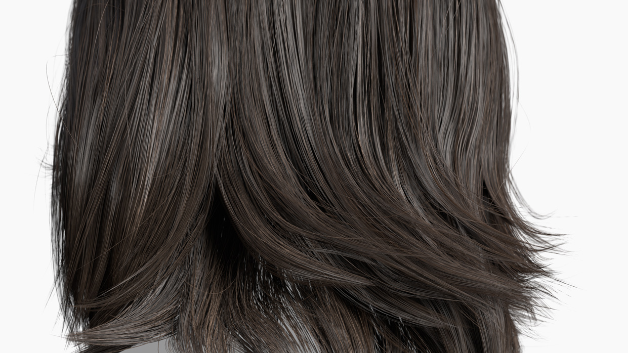 Detailed back view of a real-time polygonal female hair mesh with layered texture, designed for use with HD and SD 3D head scans. Ideal for adding natural and lifelike hair detail in digital modeling projects, compatible with Marmoset and Blender render scenes.